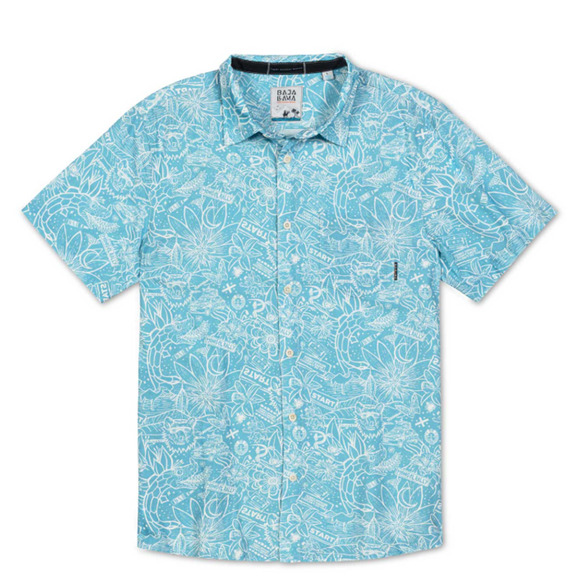 New BAJA LLAMA Mongol Rally Blue-7-SEAS Button Up Short Sleeve Shirt Size Medium - Picture 1 of 5